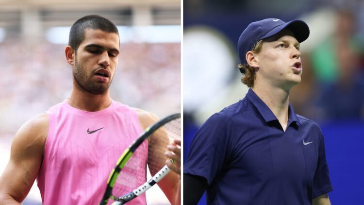Carlos Alcaraz (L) reacts at the US Open in 2025, Jannik Sinner (R) looks on at the US Open.