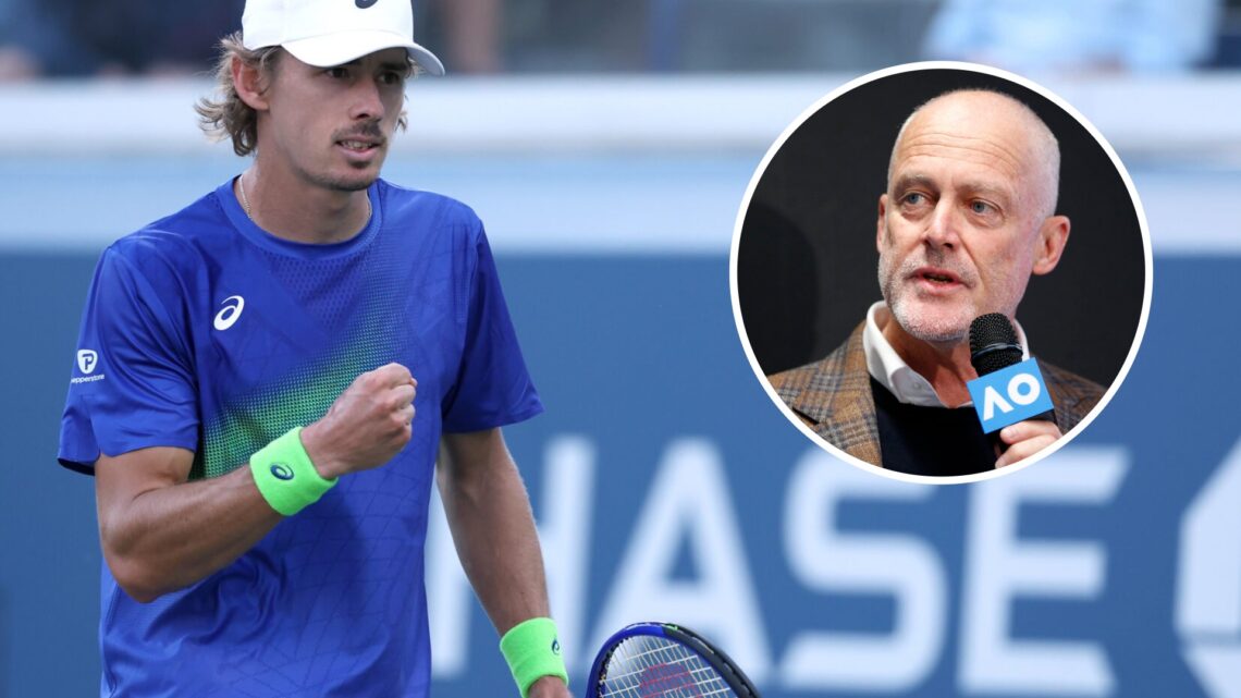 Image of Alex de Minaur celebrating his win over Daniel Altmaier at the 2025 US Open, inset of John Fitzgerald speaking to the media ahead of the 2...