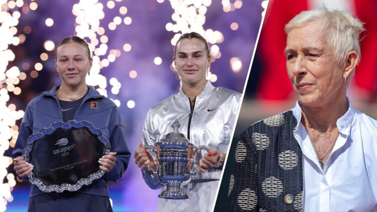 Split image of Amanda Anisimova and Aryna Sabalenka holding their 2025 US Open trophies and Martina Navratilova attending the 2024 French Open fina...
