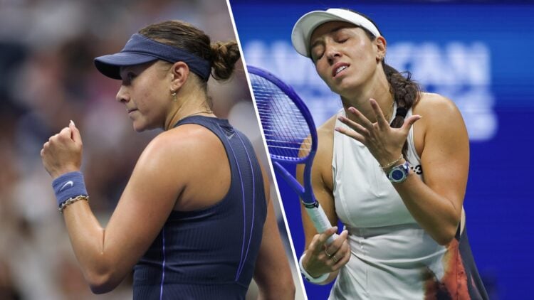 Split image of Amanda Anisimova celebrating (L) and Jessica Pegula reacting (R) at the 2025 US Open