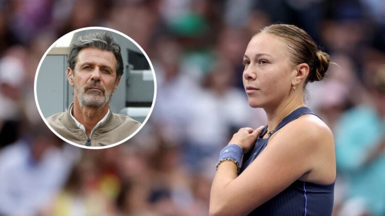 Image of Amanda Anisimova looking on during the 2025 US Open final, inset of Patrick Mouratoglou watching on from the stands at the 2025 French Open