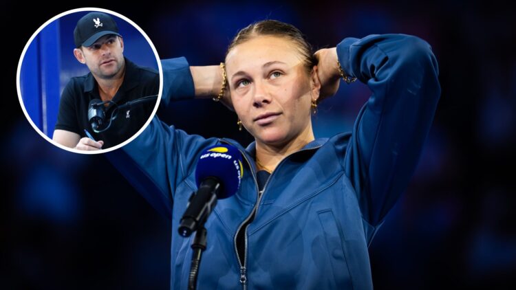 Amanda Anisimova of the United States during the trophy ceremony after losing to Aryna Sabalenka in the womens singles final on Day 14 of the US Op...