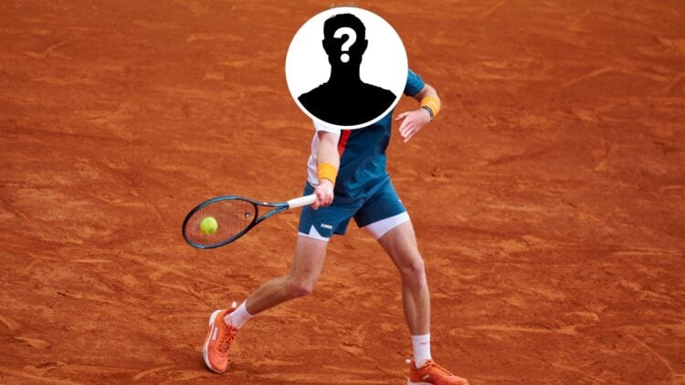 Andrey Rublev plays at the 2025 French Open, inset mystery player