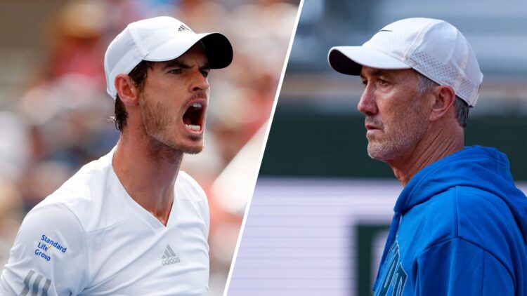 Split image of Andy Murray celebrating winning a point at the 2014 US Open, image of Darren Cahill looking on at the 2025 French Open