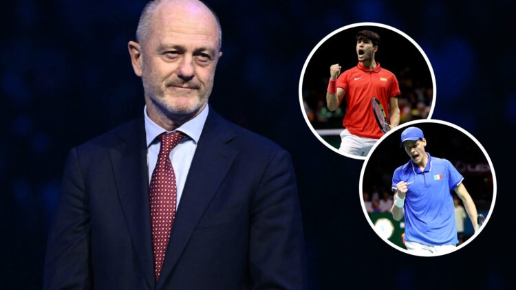 Image of Angelo Binaghi looking on during the 2024 ATP Finals, inset of Carlos Alcaraz celebrating at the 2024 Davis Cp Finals, inset of Jannik Sin...