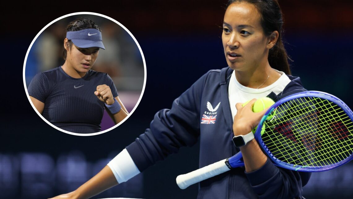 Image of Anne Keothavong looking on ahead of the 2025 Billie Jean King Cup Finals, inset of Emma Raducanu celebrating during her first-round win at...