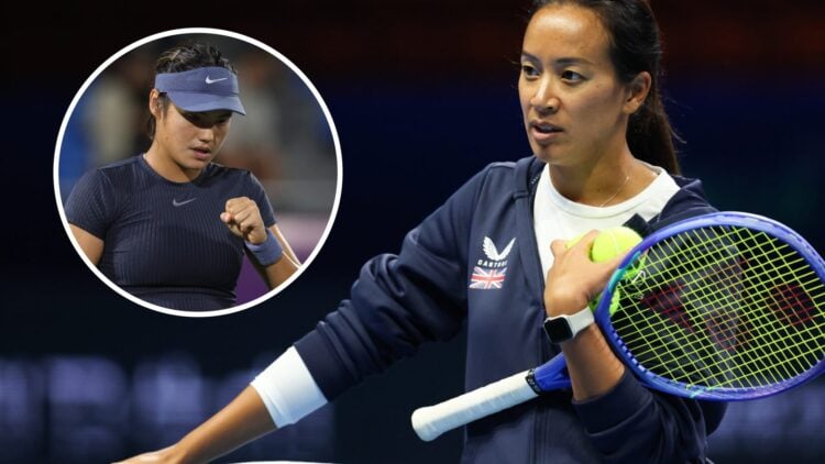Image of Anne Keothavong looking on ahead of the 2025 Billie Jean King Cup Finals, inset of Emma Raducanu celebrating during her first-round win at...