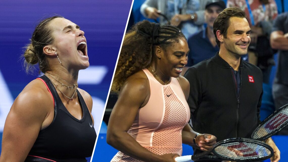 Split image of Aryna Sabalenka celebrating after reaching the 2025 US Open final and Roger Federer and Serena Williams playing mixed doubles at the...