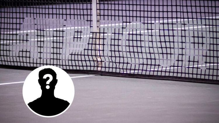 The ATP TOUR logo inscription in the net of the tennis court, with a mystery inset.