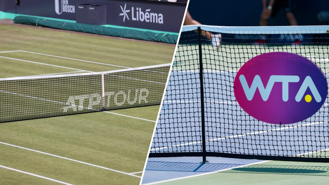 Split image of the ATP logo on a net and the WTA logo on a net