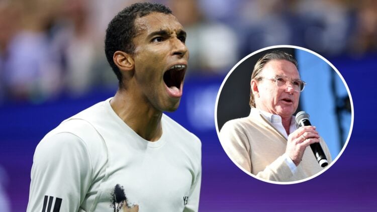 Felix Auger-Aliassime celebrates at the US Open, with an inset of Jimmy Connors speaking in 2018.