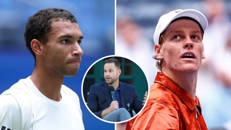 Felix Auger-Aliassime (L) reacts at the US Open, Jannik Sinner (R) looks on at the US Open, with an inset of Andy Roddick speaking at the Internati...