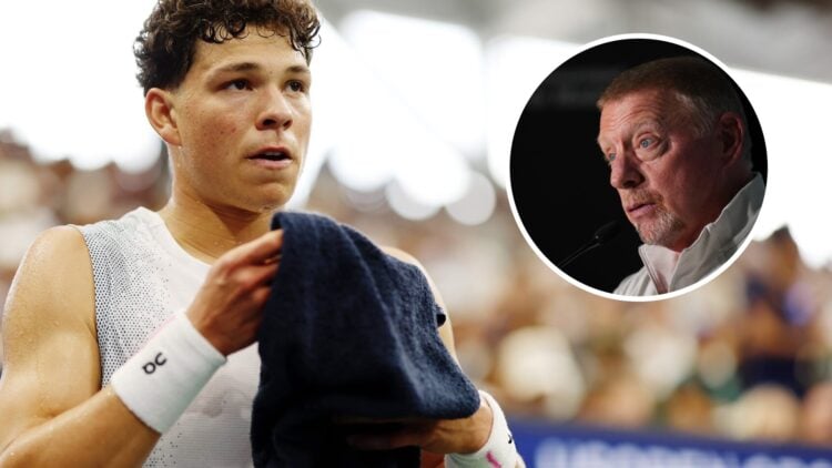 Image of Ben Shelton reacting during his defeat to Adrian Mannarino at the 2025 US Open, inset of Boris Becker speaking during the 2024 Laureus Spo...