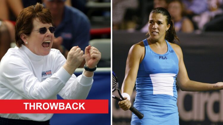 Split image of Billie Jean King encouraging Monica Seles at the 2002 Fed Cup, image of Jennifer Capriati reacting during the 2002 Family Circle Cup