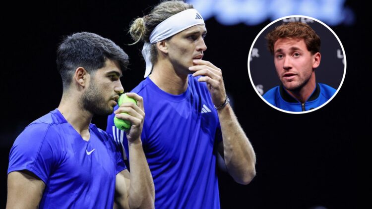 Carlos Alcaraz and Alexander Zverev talk on court at the 2024 Laver Cup, inset Casper Ruud speaks to the media at the 2024 Laver Cup