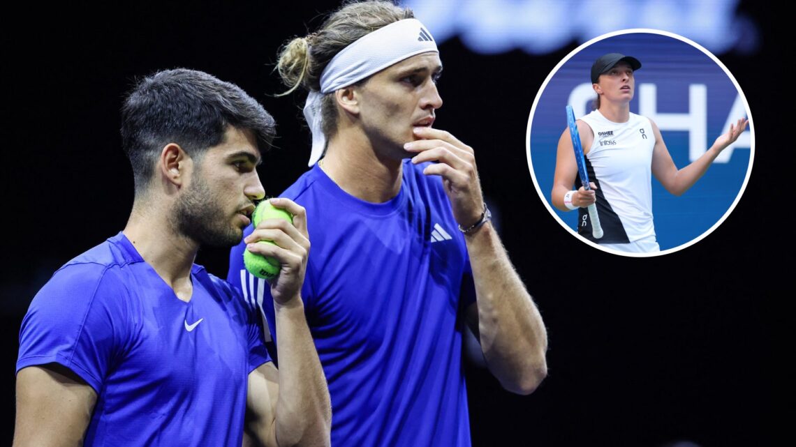 Carlos Alcaraz and Alexander Zverev talk at the 2024 Laver Cup, inset Iga Swiatek reacts during the 2025 US Open