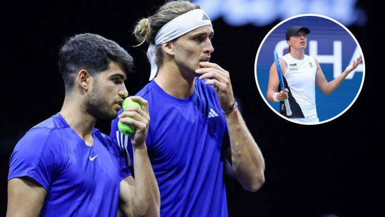 Carlos Alcaraz and Alexander Zverev talk at the 2024 Laver Cup, inset Iga Swiatek reacts during the 2025 US Open