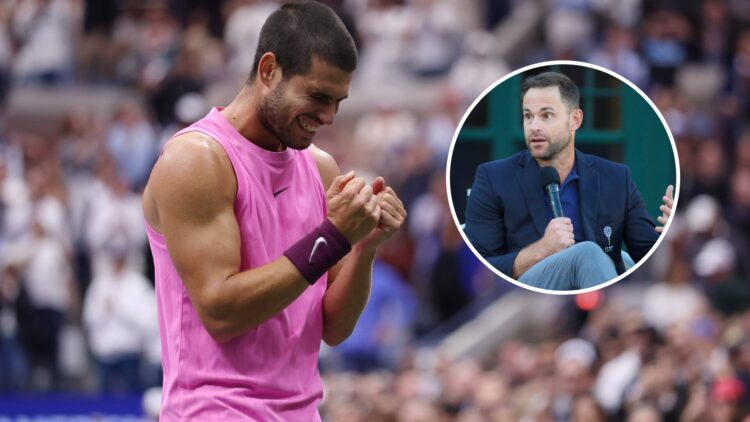 Carlos Alcaraz celebrates winning the 2025 US Open, inset Andy Roddick speaks at the International Tennis Hall of Fame in 2025