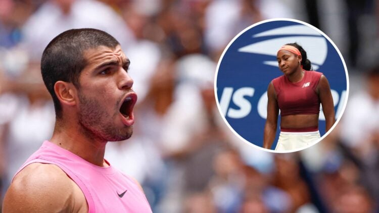 Image of Carlos Alcaraz celebrating his win over Jiri Lehecka at the 2025 US Open, inset of Coco Gauff reacting during her defeat to Naomi Osaka at...