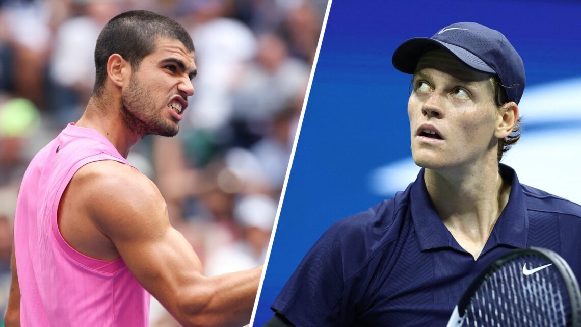 Split image of Carlos Alcaraz celebrating his win over Novak Djokovic at the 2025 US Open, image of Jannik Sinner reacting after reaching the 2025 ...