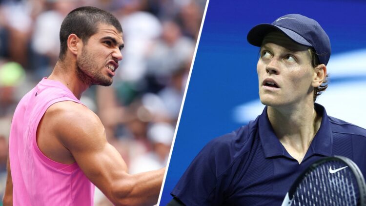 Split image of Carlos Alcaraz celebrating his win over Novak Djokovic at the 2025 US Open, image of Jannik Sinner reacting after reaching the 2025 ...