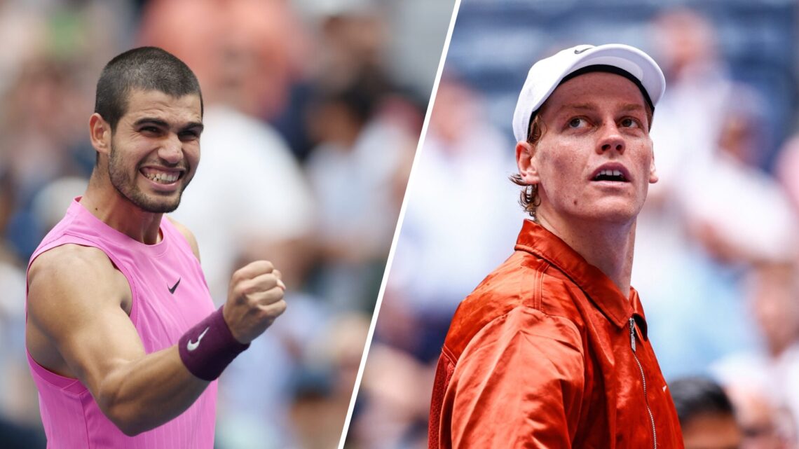 Split image of Carlos Alcaraz celebrating as he reaches the 2025 US Open final, image of Jannik Sinner looking on during the 2025 US Open