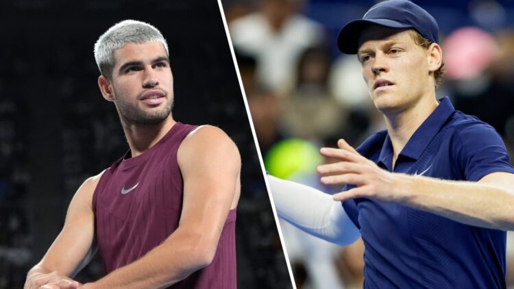 Split image of Carlos Alcaraz celebrating his first-round win at the 2025 Japan Open, image of Jannik Sinner reacting after his win over Marin Cili...