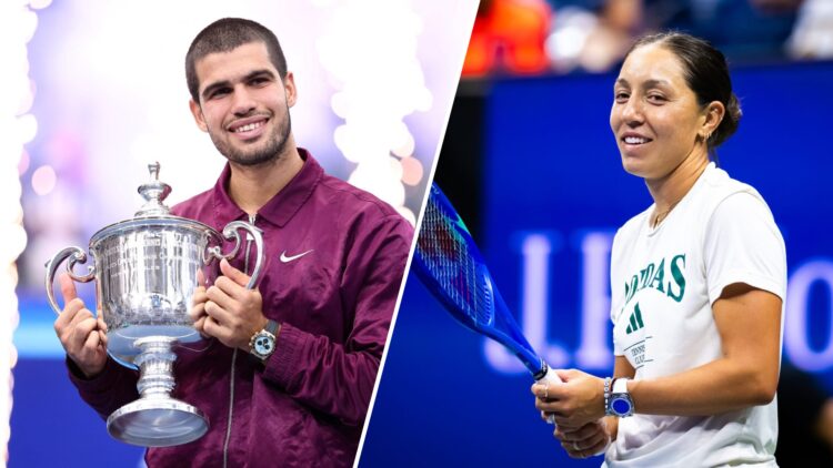 Split image of Carlos Alcaraz holding the 2025 US Open trophy and Jessica Pegula practicing ahead of the 2025 US Open