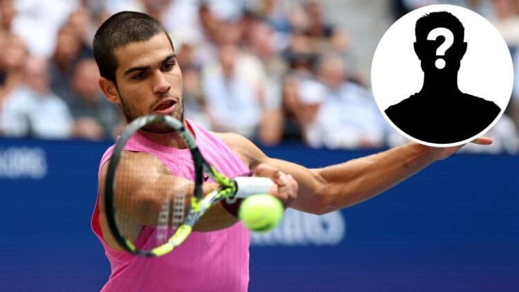 Carlos Alcaraz of Spain plays a forehand against Novak Djokovic of Serbia during their Men's Semifinal match on Day Thirteen of the 2025 US Open at...