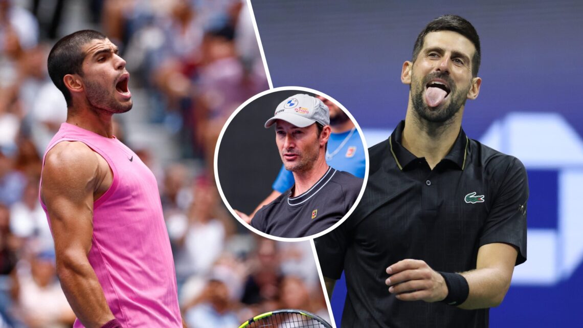 Split image of Carlos Alcaraz celebrating his win over Jiri Lehecka at the 2025 US Open, image of Novak Djokovic reacting during his third-round wi...