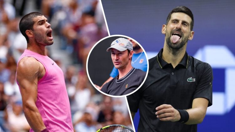 Split image of Carlos Alcaraz celebrating his win over Jiri Lehecka at the 2025 US Open, image of Novak Djokovic reacting during his third-round wi...
