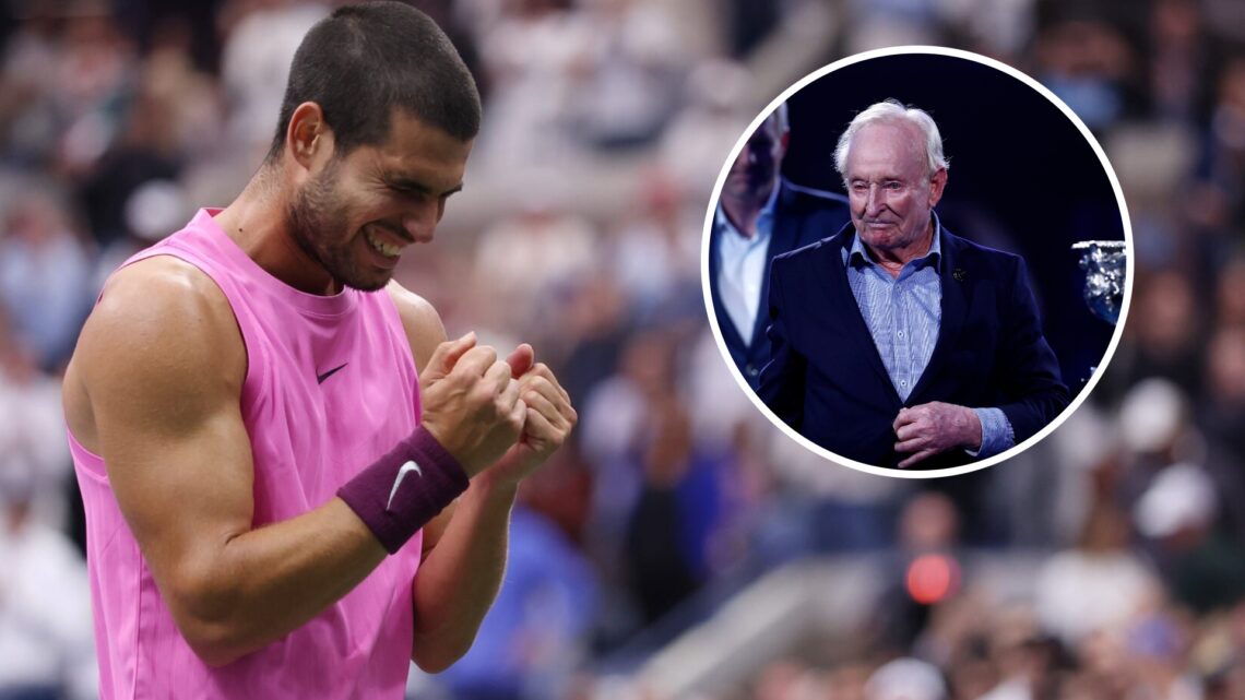 Image of Carlos Alcaraz celebrating his win at the 2025 US Open, inset of Rod Laver at the 2022 Australian Open