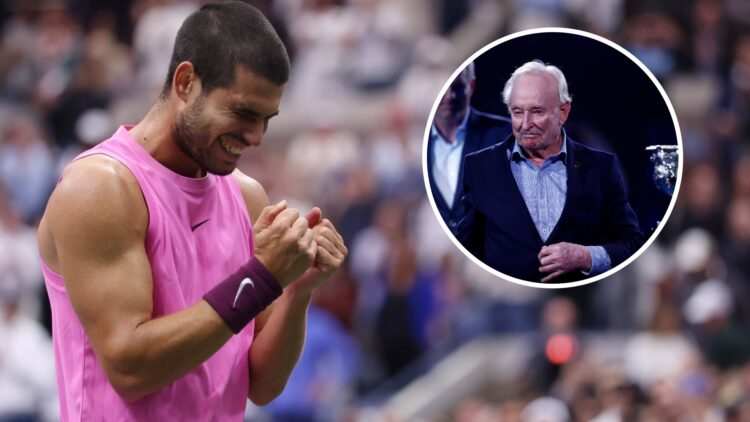 Image of Carlos Alcaraz celebrating his win at the 2025 US Open, inset of Rod Laver at the 2022 Australian Open