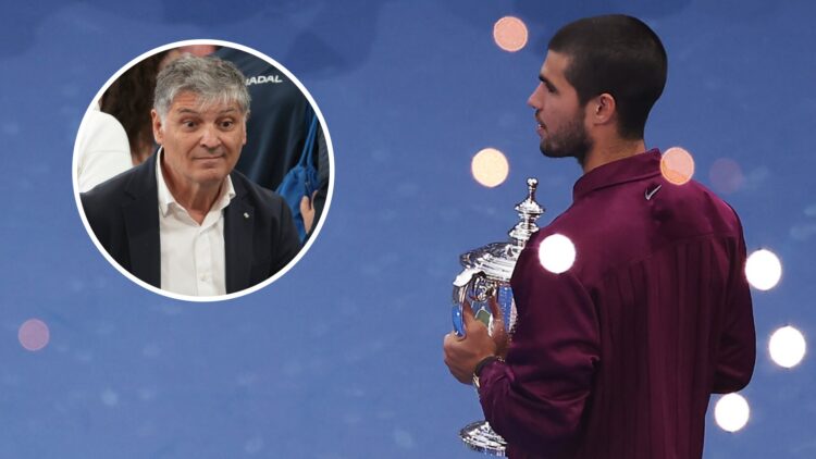 Image of Carlos Alcaraz celebrating with the US Open title in 2025, inset of Toni Nadal watching Rafael Nadal play at the 2024 US Open