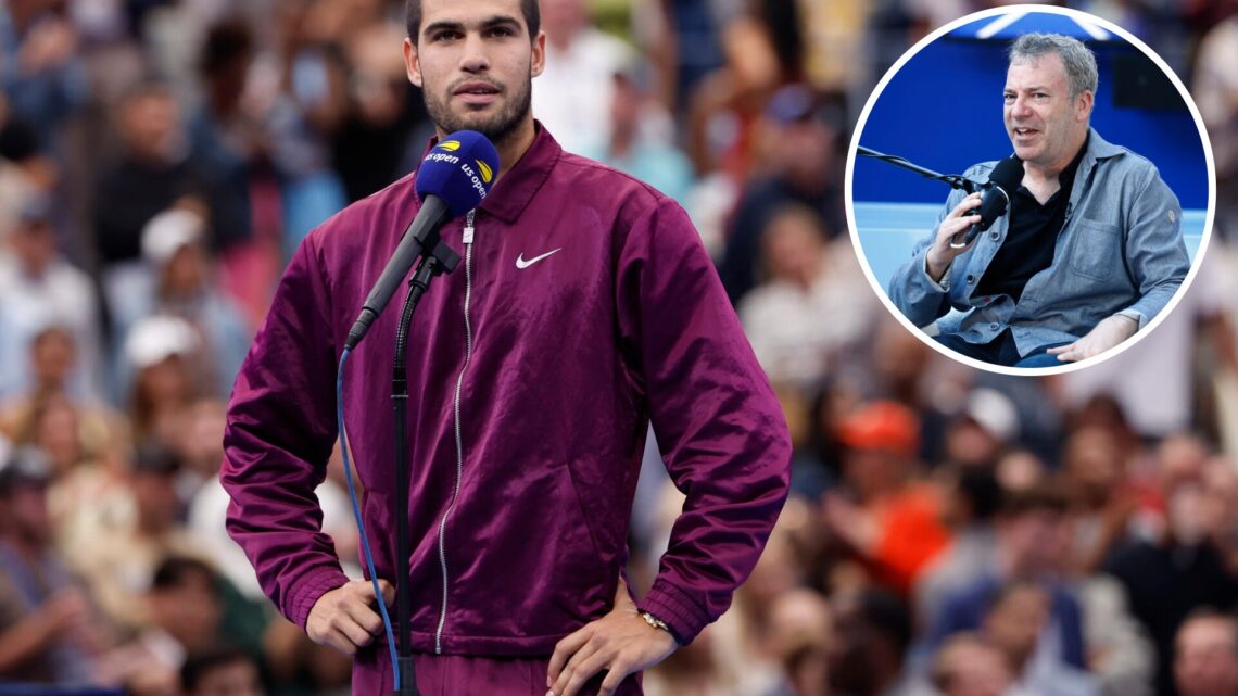 Carlos Alcaraz of Spain during the podium ceremony after defeating Jannik Sinner of Italy in the Men's Singles Final match on day fifteen of the 20...