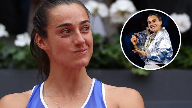 Image of Caroline Garcia looking on after her first-round defeat at the 2025 French Open, inset of Aryna Sabalenka celebrating with the 2025 US Ope...