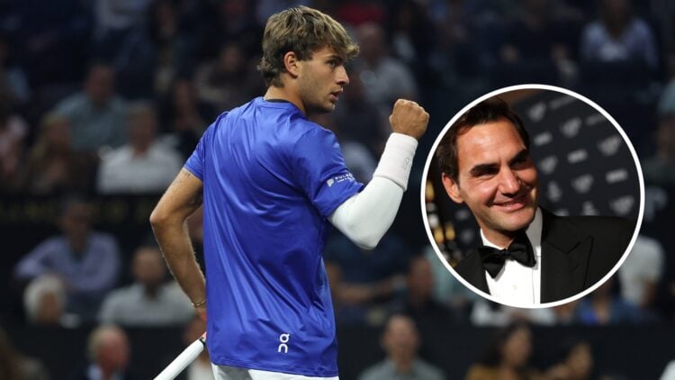 Flavio Cobolli celebrates at the Laver Cup, with an inset of Roger Federer reacting ahead of the 2025 Laver Cup.