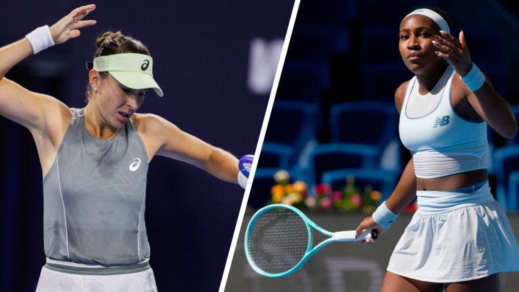 Split image of Belinda Bencic of Switzerland competes in the Women's Singles Round of 64 match against Katie Volynets of the United States on day 5...