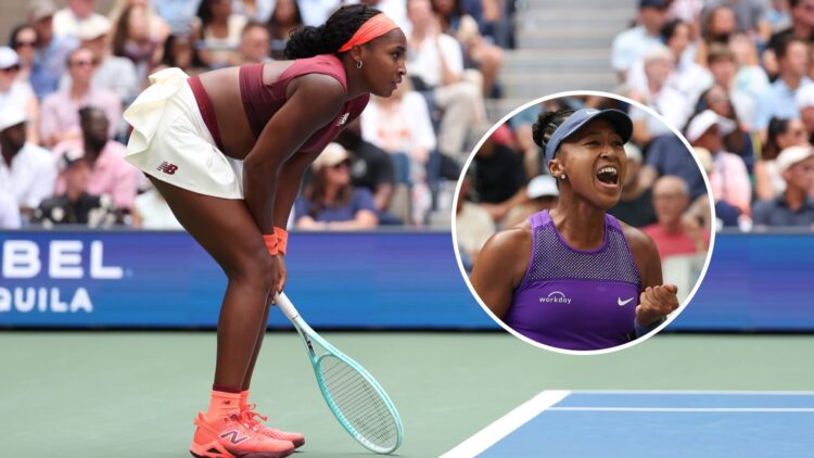 Coco Gauff plays at the 2025 US Open, inset Naomi Osaka celebrates at the 2025 US Open