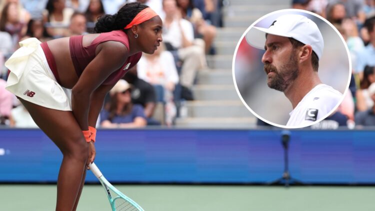 Image of Coco Gauff reacting during her match with Naomi Osaka at the 2025 US Open, inset of Steve Johnson reacting during the 2023 US Open