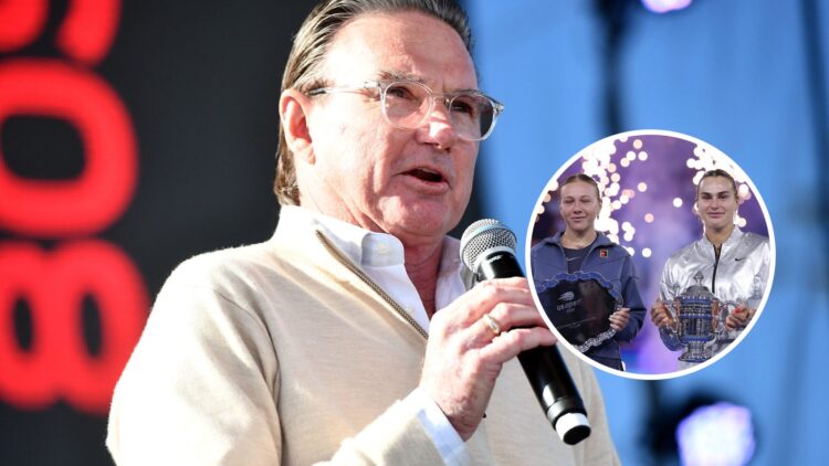 Jimmy Connors speaking in 2018, with an inset of Amanda Anisimova and Aryna Sabalenka hold their trophies after their 2025 US Open final.