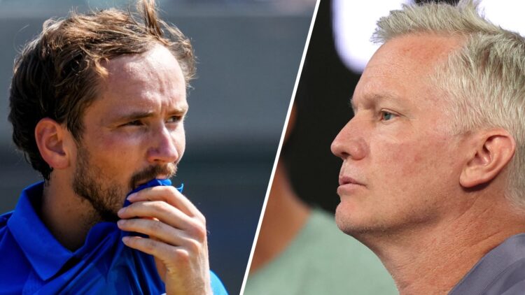 Split image of Daniil Medvedev reacting during the 2025 Libema Open, image of Thomas Johansson watching Kei Nishikori play at the 2025 Australian Open