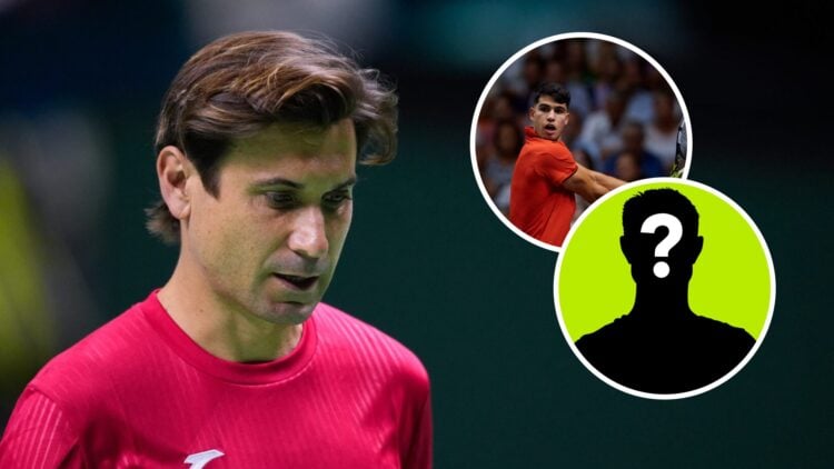 Image of David Ferrer looking on during practice at the 2024 Davis Cup Finals, inset of Carlos Alcaraz playing at the 2024 Davis Cup Finals, inset ...