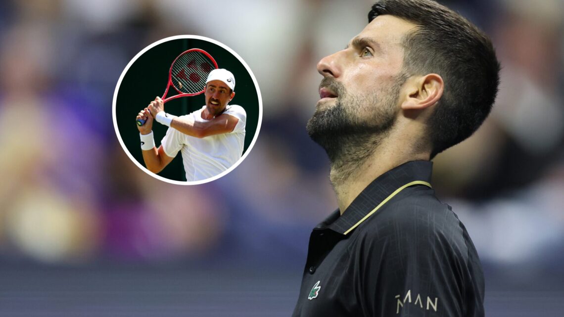 Main: Novak Djokovic deep in thought at the US Open and Inset: Steve Johnson