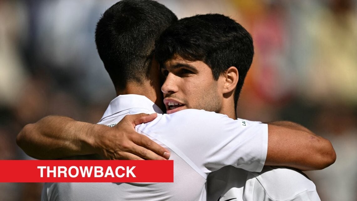 Novak Djokovic and Carlos Alcaraz embrace after the 2024 Wimbledon final, with a throwback label.