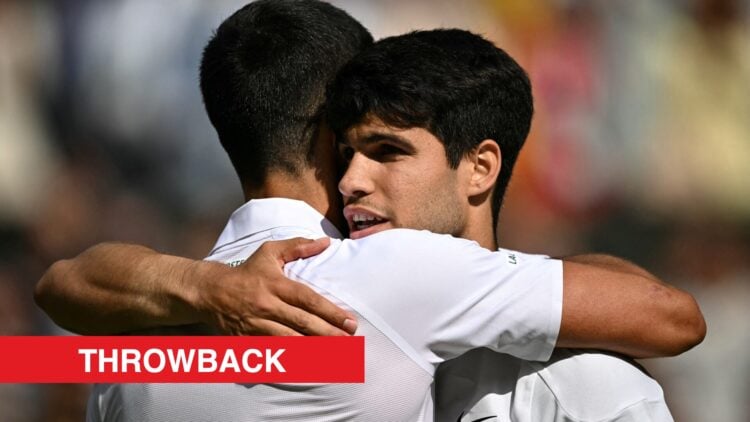 Novak Djokovic and Carlos Alcaraz embrace after the 2024 Wimbledon final, with a throwback label.
