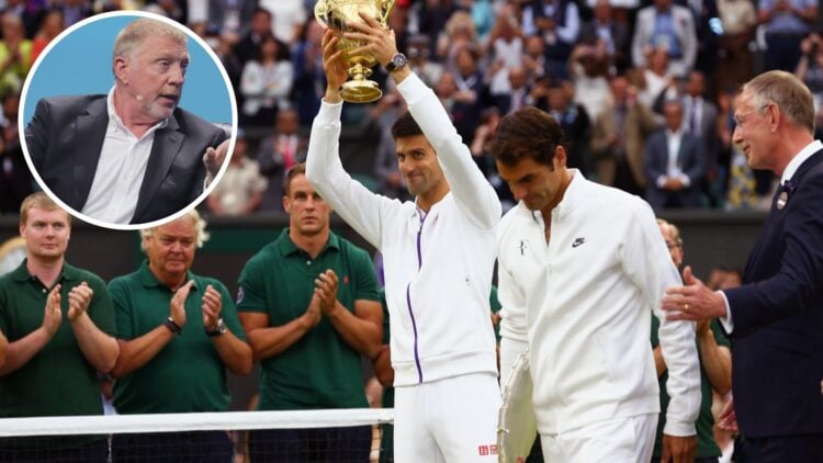 Novak Djokovic of Serbia poses with the Gentlemen's Singles Trophy next to Roger Federer of Switzerland following his victory in the Final Of The G...