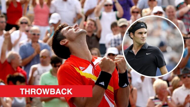 Novak Djokovic celebrating after beating Roger Federer in the 2007 Canadian Open final, with an inset of Roger Federer looking on during the 2007 U...
