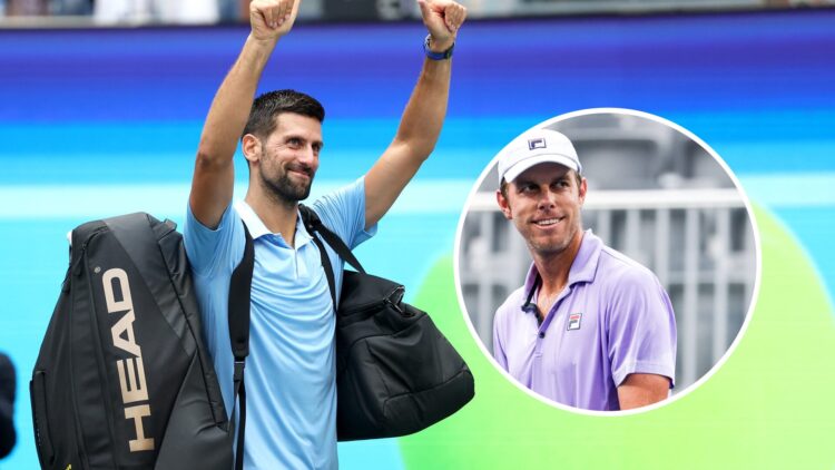 Novak Djokovic waving goodbye to the US Open crowd, with an inset of Sam Querrey reacting during the 2022 Atlanta Open.