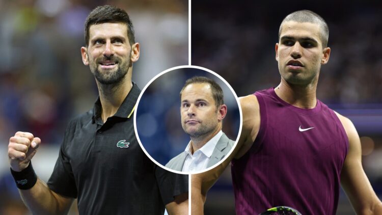 Novak Djokovic celebrates at the US Open, Carlos Alcaraz looks on during the first round at the US Open, with an inset of Andy Roddick at the troph...
